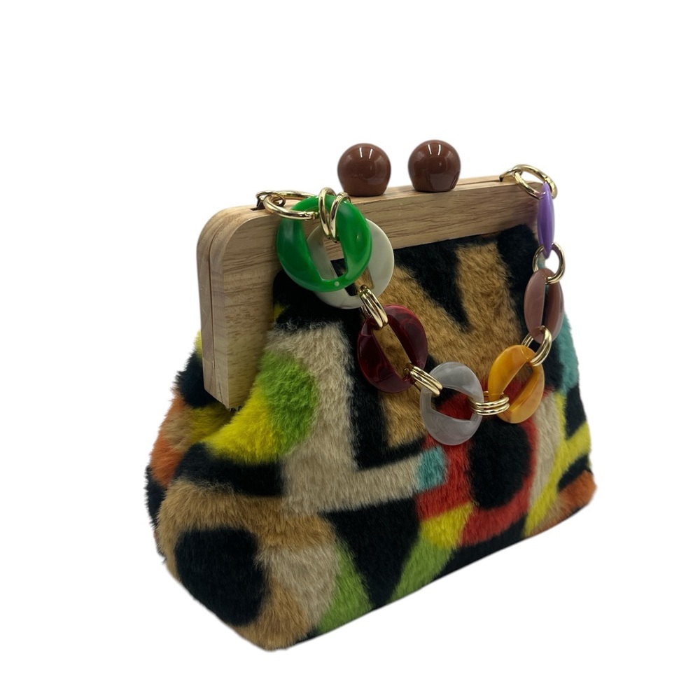 Multicolor Faux Fur Handbag with Chain Detail